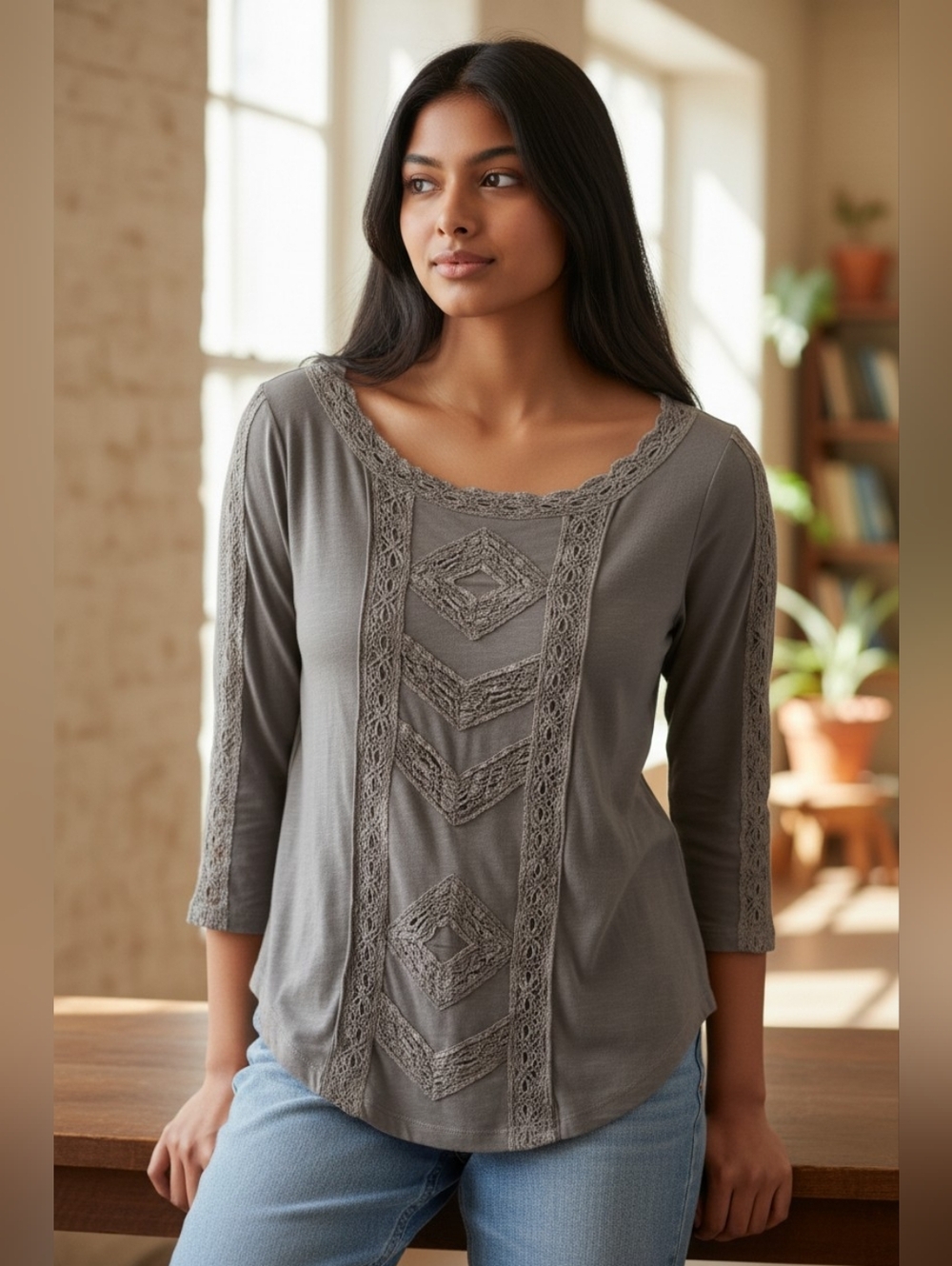 FP Small Embroidered Lace Brown 3/4 Sleeve Top Boho, Coastal Cowgirl Minimalist